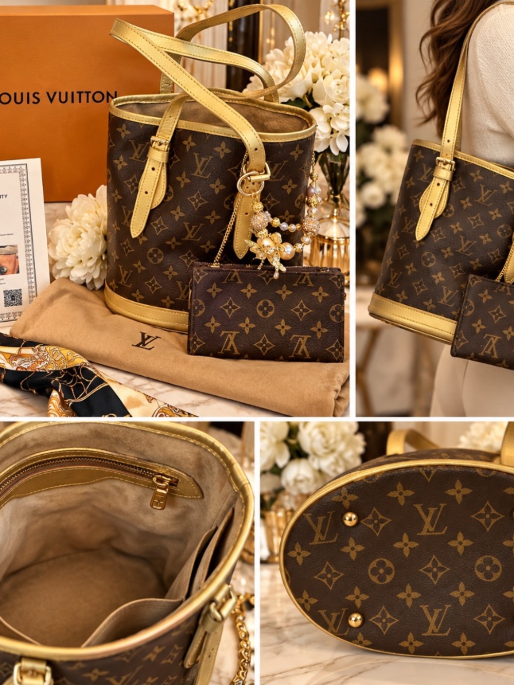 LOUIS VUITTON PETIT BUCKET PM SHOULDER MONOGRAM BAG & MINI POUCH